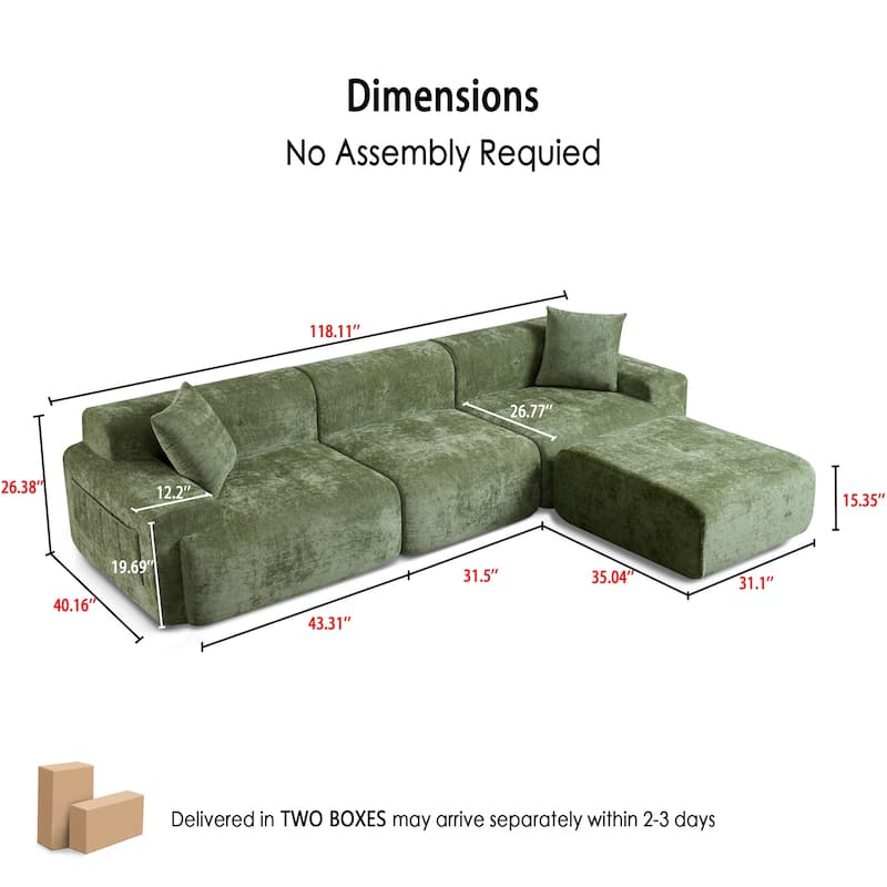 118 inch Oversized 3 Seater L-Shaped Chenille Boneless Modular Sectional Sofa Couch with Movable Ottoman