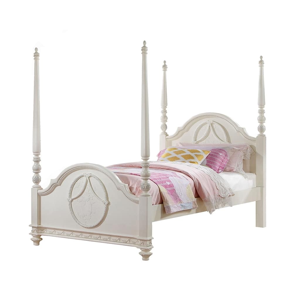 Wooden Post Bed with Arched Headboard and Footboard in Ivory Finish