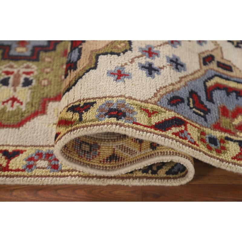 Geometric Beige Kazak Runner Rug Handmade Hallway Wool Carpet - 2'7" x 10'0"