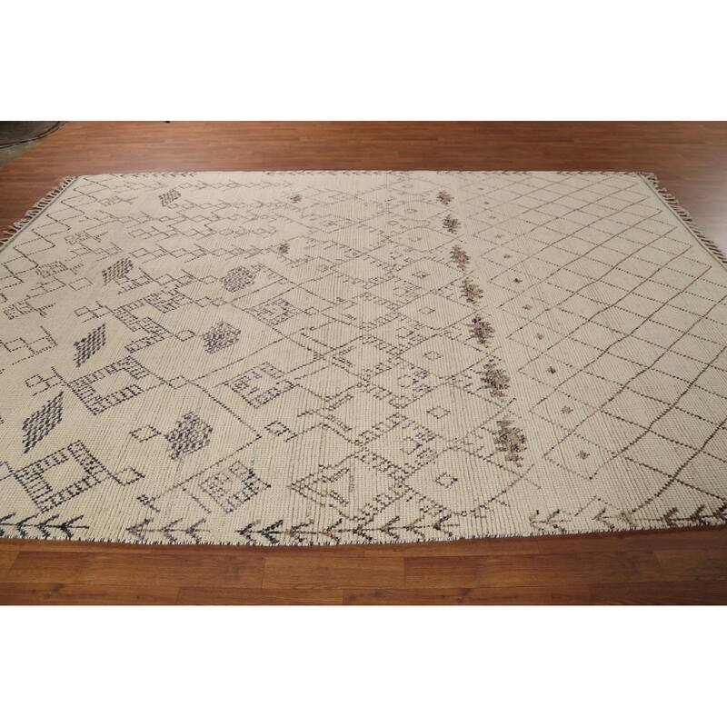 Ivory Trellis Moroccan Area Rug Handmade Wool Carpet - 8'1"x 11'8"