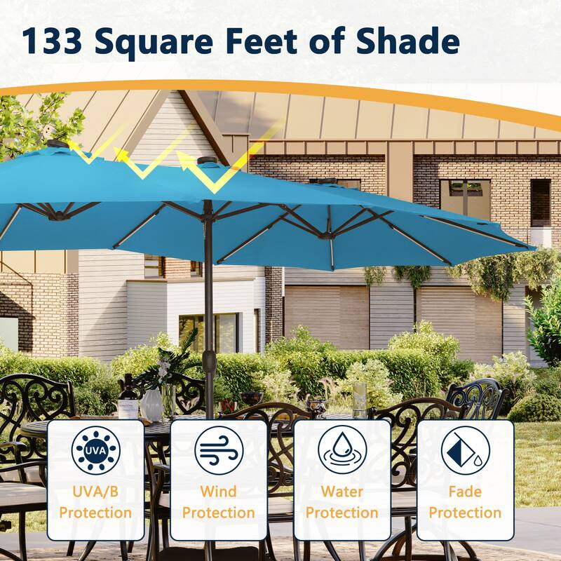 15 Ft Outdoor Solar Detachable Lights Rectangular Crank Market Umbrella with Base