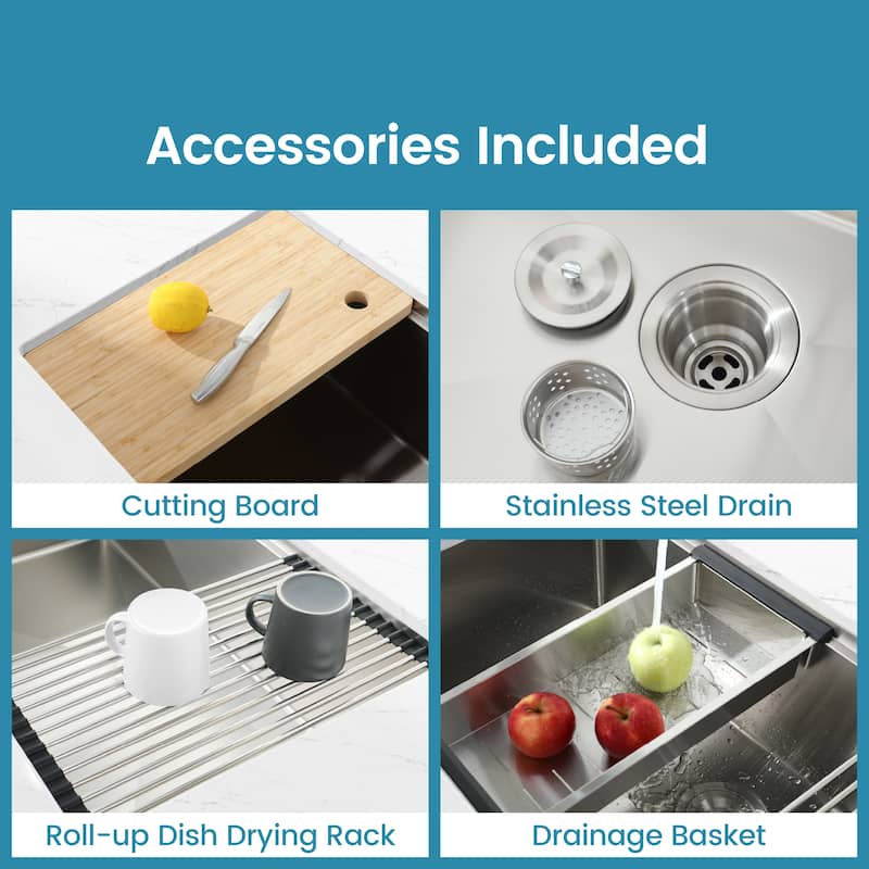 Stainless Steel Kitchen Sink, 33″x19″ Single Bowl, Undermount Handmade Sink in Brushed, with Cutting Board, Colander