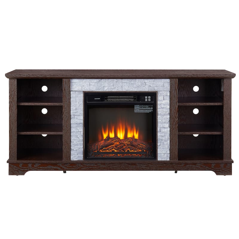 Electric Fireplace TV Stand with Faux Stone Mantel and Adjustable Shelves