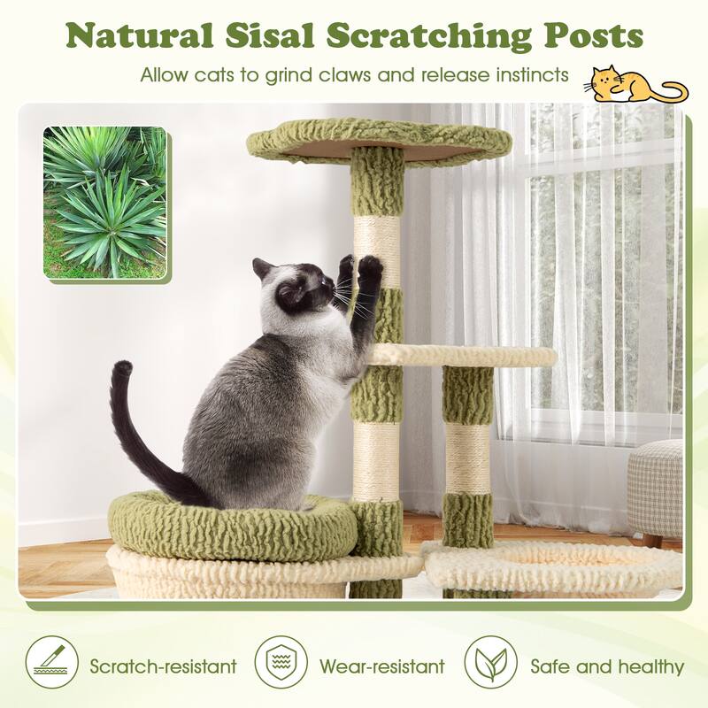 Green-White Plush Cat Tree Tower with Condo, Hammock and Grooming Brush - 24" L x 16" W x 38" H