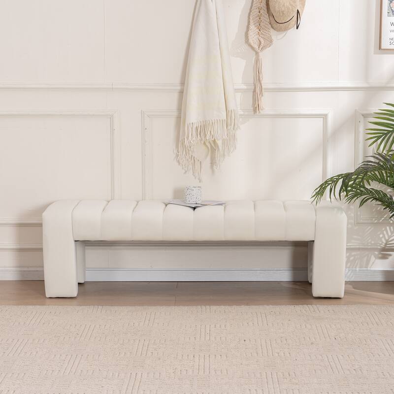 Upholstered Bedroom Bench Tufted Entryway Bench Modern End of Bed Bench Dining Bench with Gold/Black Metal Legs for Window - 59.5" Wide - Ivory