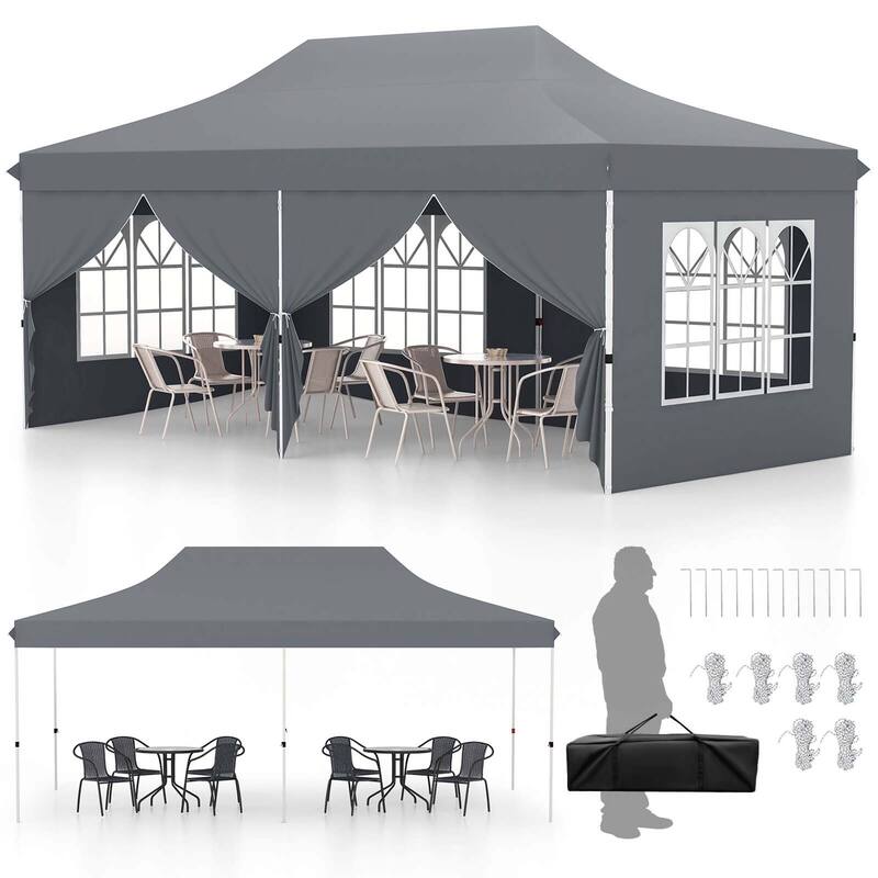10 x 20FT Pop-up Canopy Instant Canopy Tent w/ Detachable Sidewalls - Grey