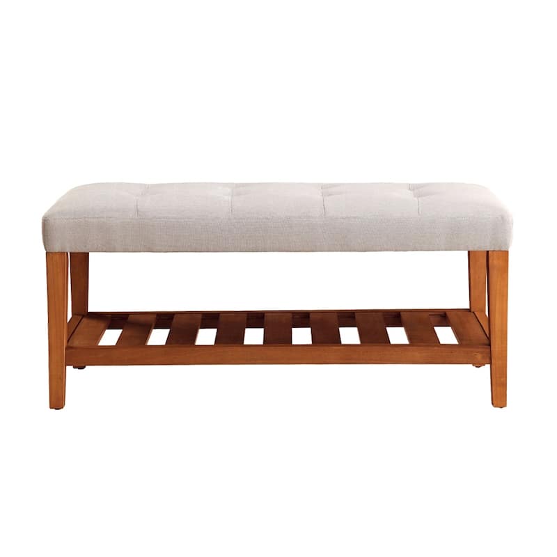 Fabric Upholstered Bench with Open Storage, Blue and Oak