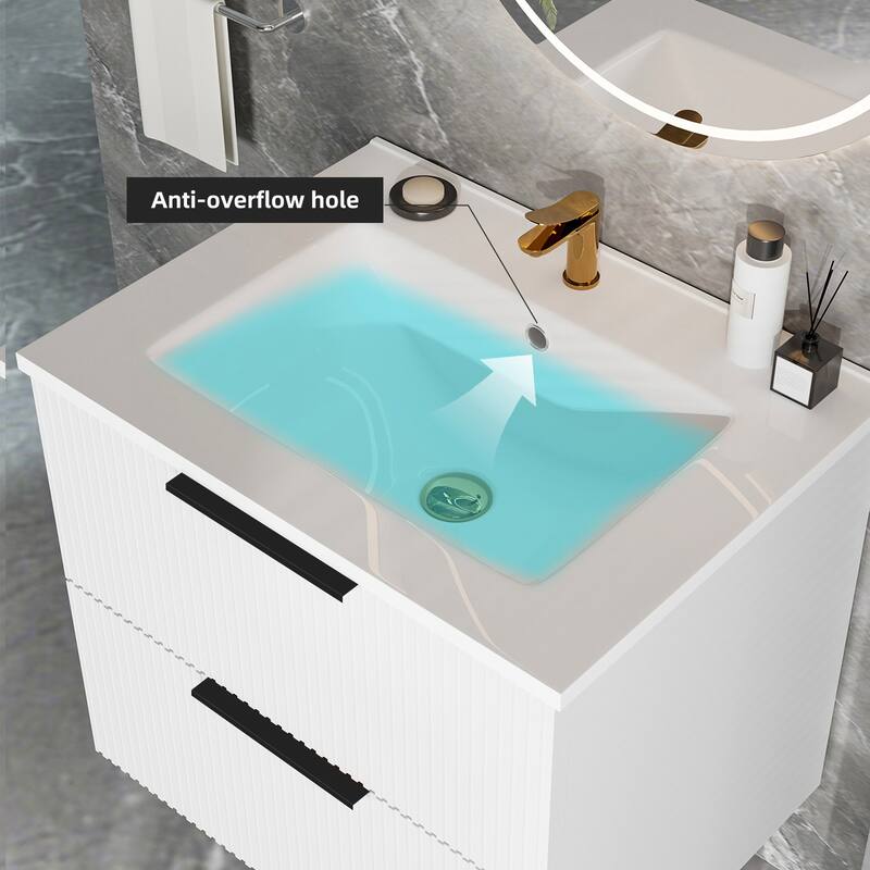 Modern Fluted Wall-Mounted Vanity with Ceramic Sink & Integrated Drawers