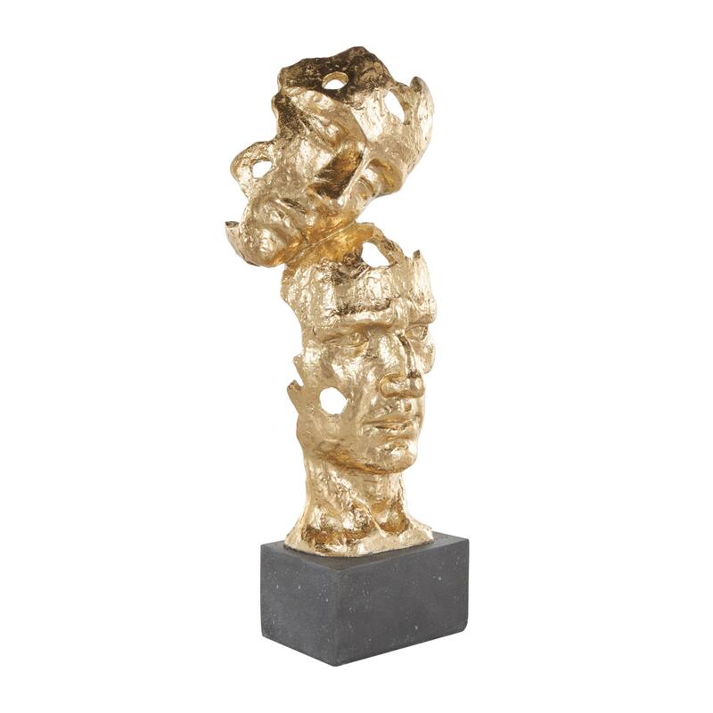 Gold Polystone Stacked Face Cutout Mask Sculpture with Black Block Base
