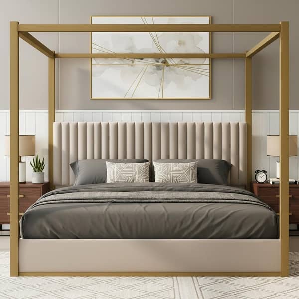 Upholstered Canopy Platform Bed with Velvet Headboard & Metal Frame by Harper&Bright Designs - Beige - King