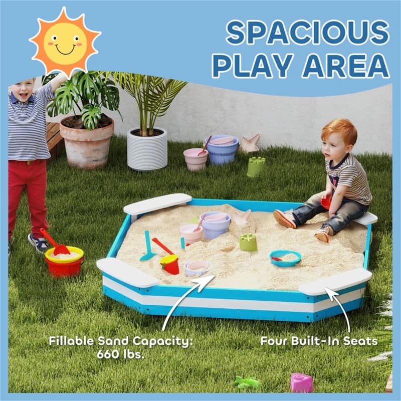 Kids Sandbox Outdoor Wooden Fir Wood with Seats Blue and White for Ages 3 to 6 - 52.4" L x 52.4" W x 6.3" H