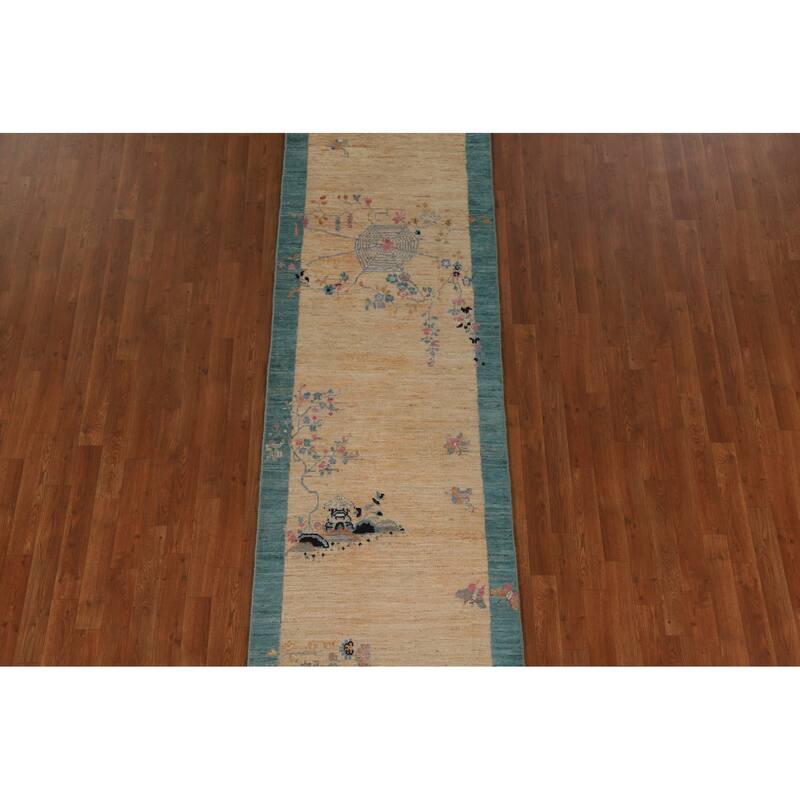 Vegetable Dye Oushak Turkish Runner Rug Handmade Wool Carpet - 2'10"x 11'9"