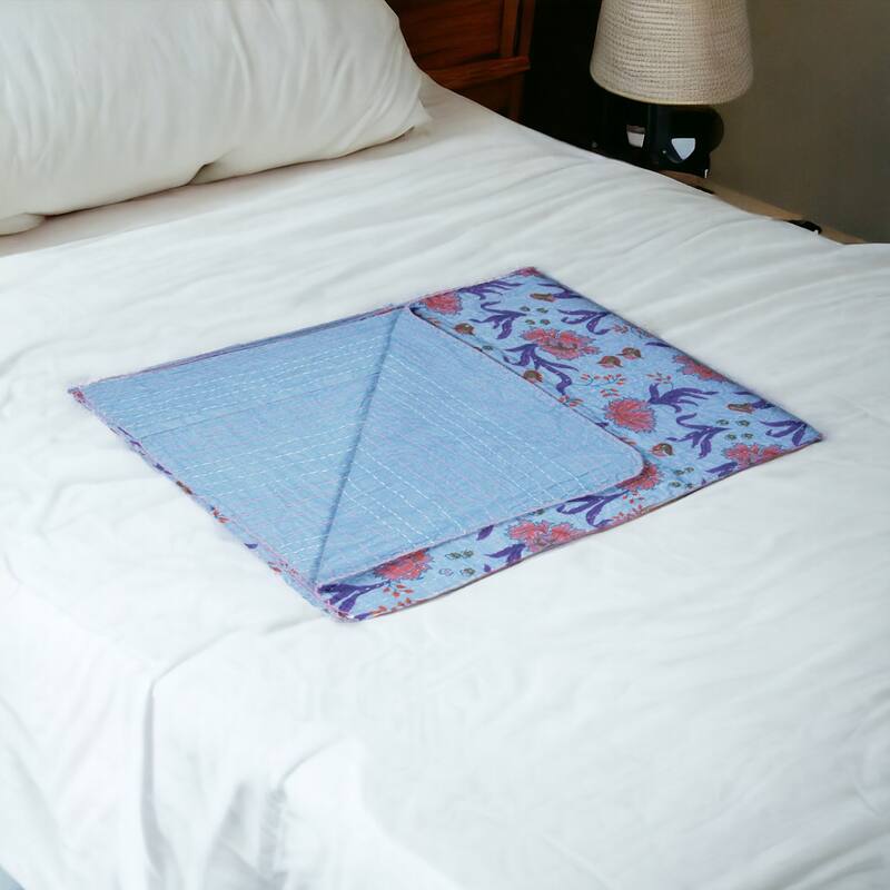 HomeRoots 50" X 70" Blue and Purple Kantha Cotton Floral Throw Blanket with Embroidery