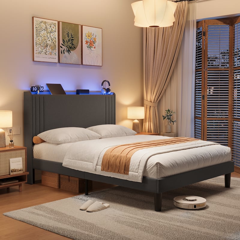 Queen/ Full Vertical Channels Upholstered Bed with Wingback Headboard - Dark Grey Light - Queen