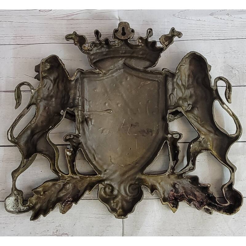 Coat Of Arms Family Crest Lions Crown Bronze Wall Mounted Hanging Sculpture 13 Inches X 16 Inches