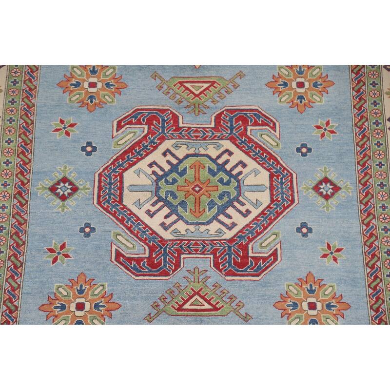 Hand Knotted Oriental 100% Wool Carpet Traditional Geometric Navy Blue & Blues Kazak Area Rug - 9' 8'' X 6' 6''