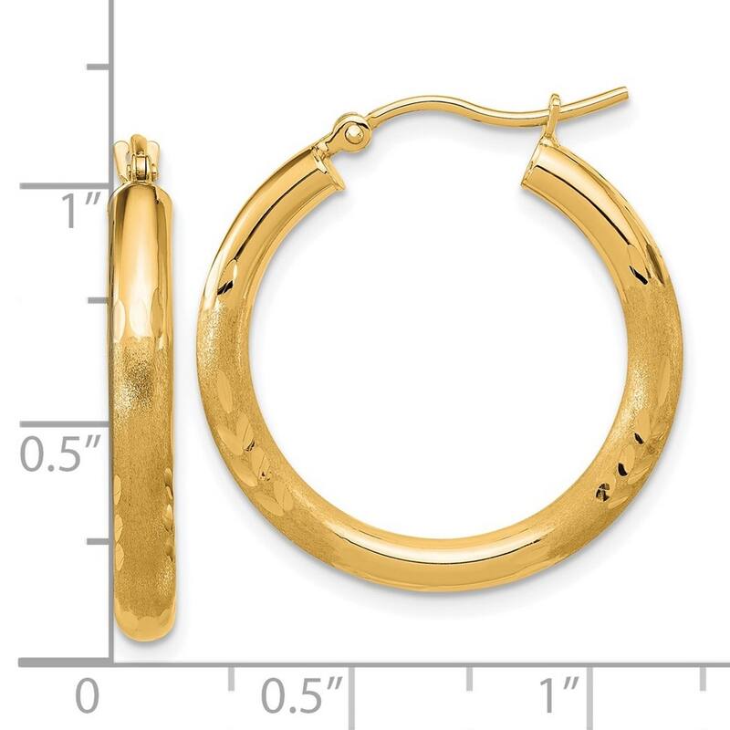 Curata 14k Yellow Gold Satin and Sparkle Cut Round Hoop Earrings - 25x25mm