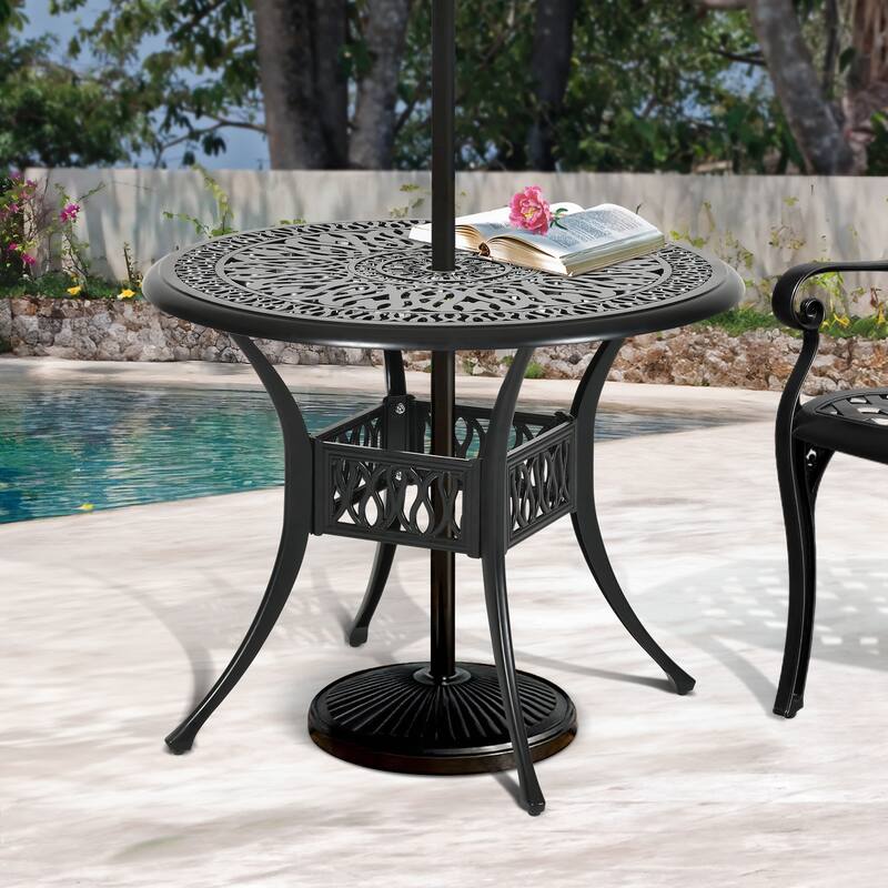 Moasis 35.4" Round Antique Cast Aluminum Outdoor Patio Dining Table with Umbrella Hole