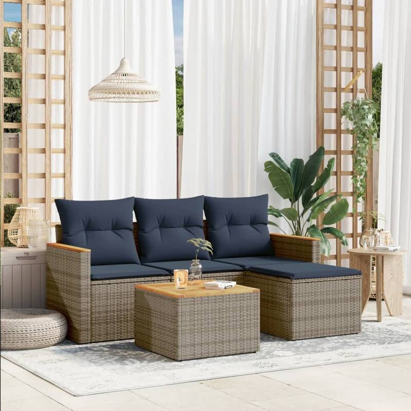 vidaXL Patio Sofa Set with Cushions Outdoor Conversation Furniture Poly Rattan - 21.7x 24.4x 27.2 - Grey and Blue-With table