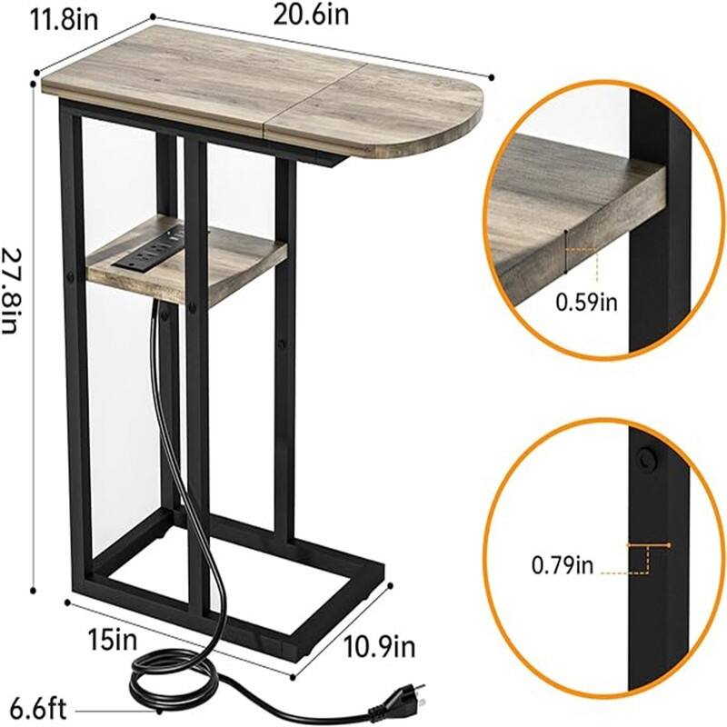 C Shaped End Table with Charging Station - 20.6"D x 11.8"W x 27.8"H