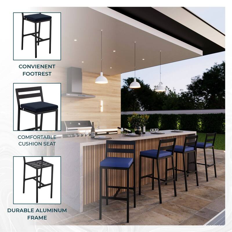 Patio Bar Stool in Powder-Coated Aluminum Frame with Removable Cushion Set of 2