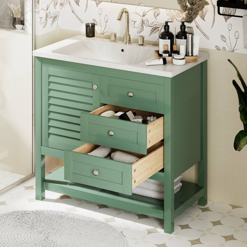 36 inch MDF Freestanding Bathroom Vanity Set in Green with Integrated Resin Sink