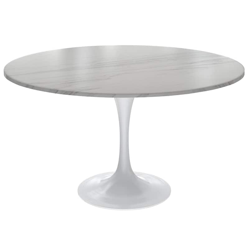 LeisureMod Verve 48" Round Dining Table with Stone TableTop and White Steel Base for Kitchen & Dining Room - White