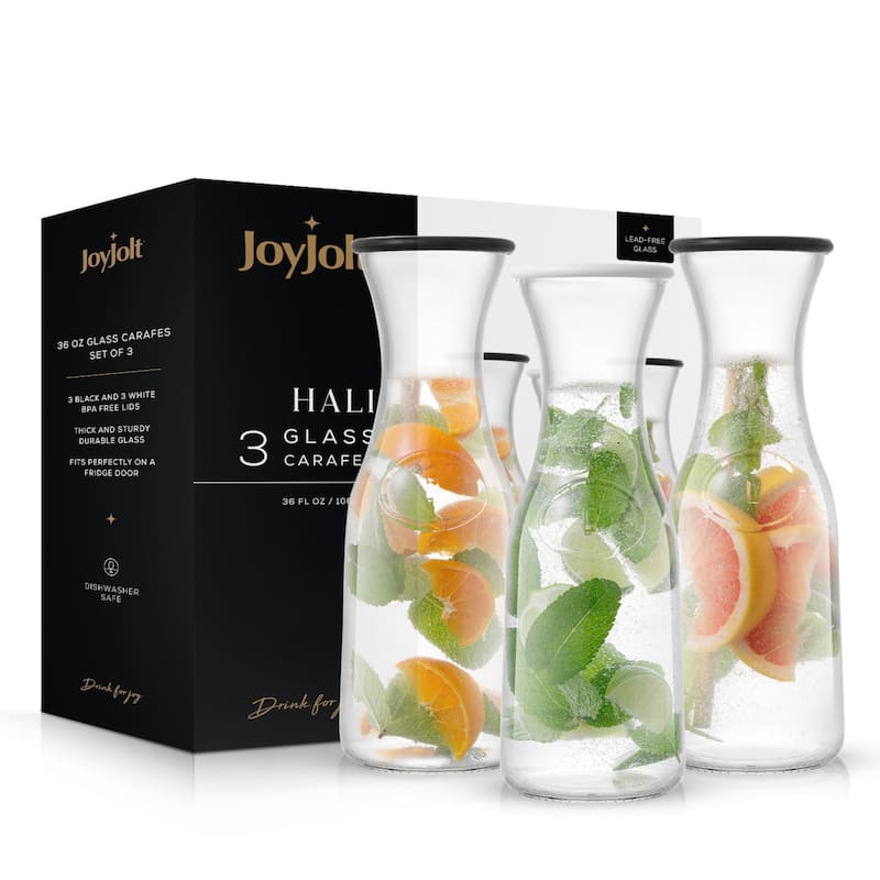 Hali Glass Carafe Bottle Pitcher with 6 Lids - 35 oz - Set of 3 - 3.5" x 3.5" x 10.87"