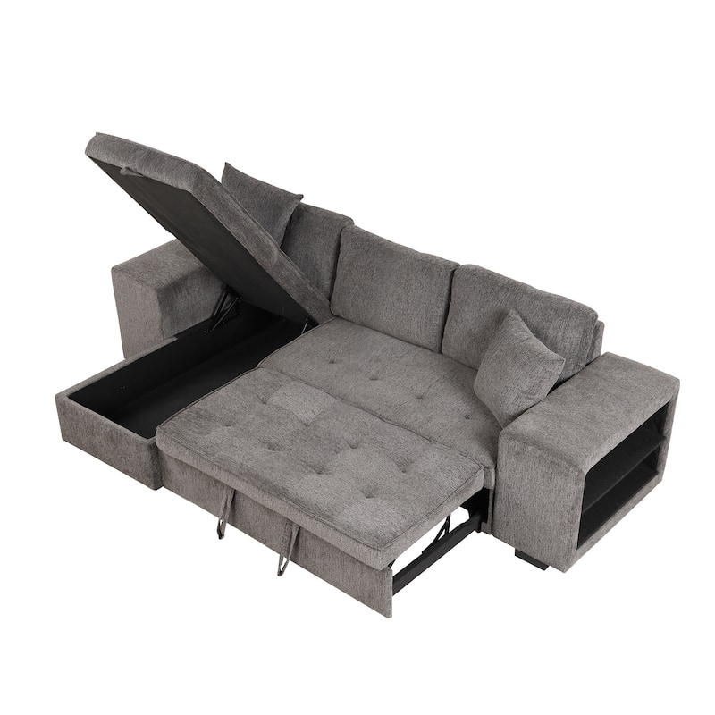 104.5" Charcoal L-Shaped 3-Seater Convertible Sofa with Pull-Out Bed, Storage Chaise, and 2 Convenient Stools for Living Room