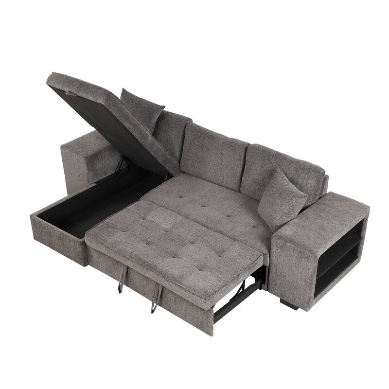104.5" Linen L-Shaped Sectional Sofa with Pull-Out Bed and Storage Chaise, Includes 2 Stools