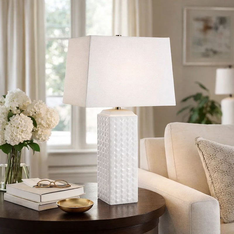 Table Lamp, Linen Shade, 3D Diamond Knob Gloss White Ceramic, 25 Inch