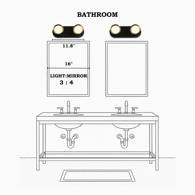 Modern 2-Light Black Gold LED Wall Sconces Bathroom Vanity Lights with Adjustable Shades - 11.8" L x 3.3" W x 4.3" H