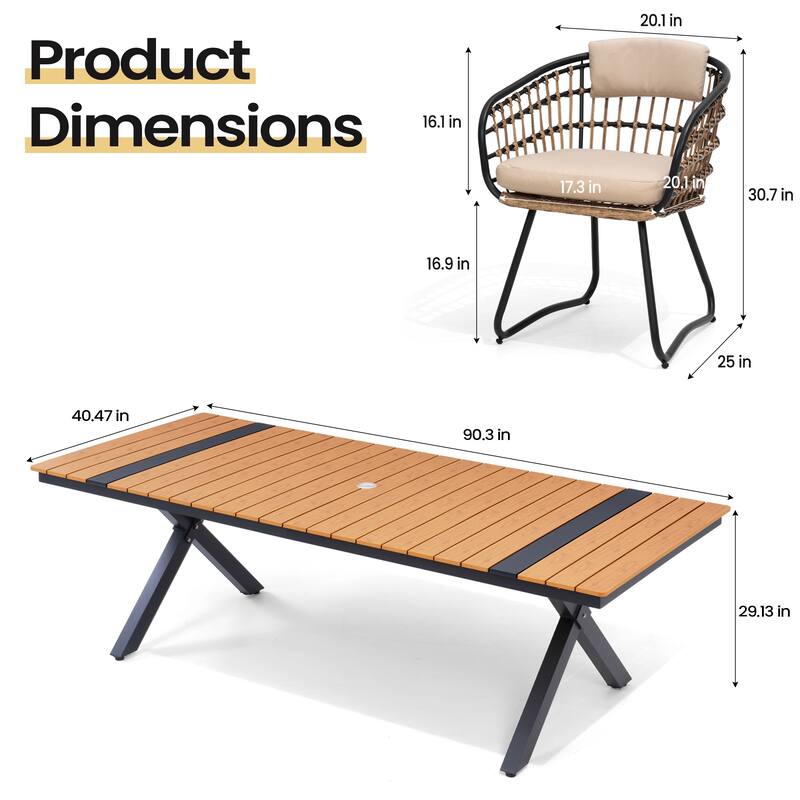 9PC Outdoor Patio Aluminum Dining X Frame Table and Rattan Chairs Set with Umbrella Hole