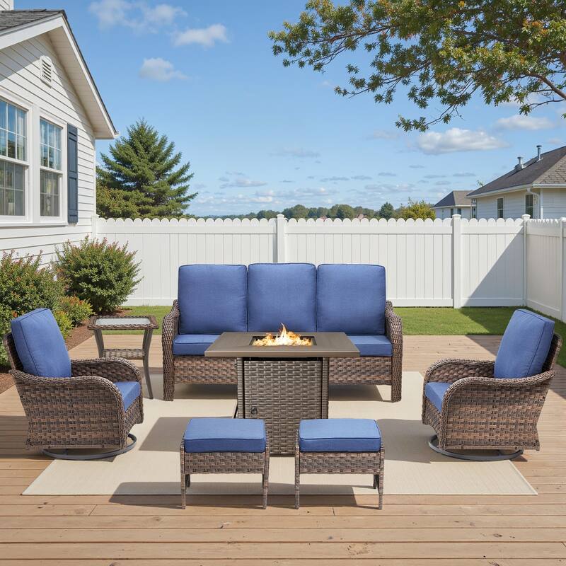 Pocassy Patio Sofa Swivel Chair Ottoman with Fire Table Funiture - Blue Cushion - Brown Wicker - 7-Piece Sofa Swivel Chair Ottoman w/ Fire Table