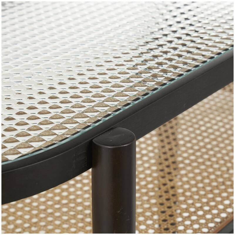 Rattan Oval 1 Shelf Console Table with Pressed Tempered Glass Top and Metal Legs - Brown - Roche River Decor