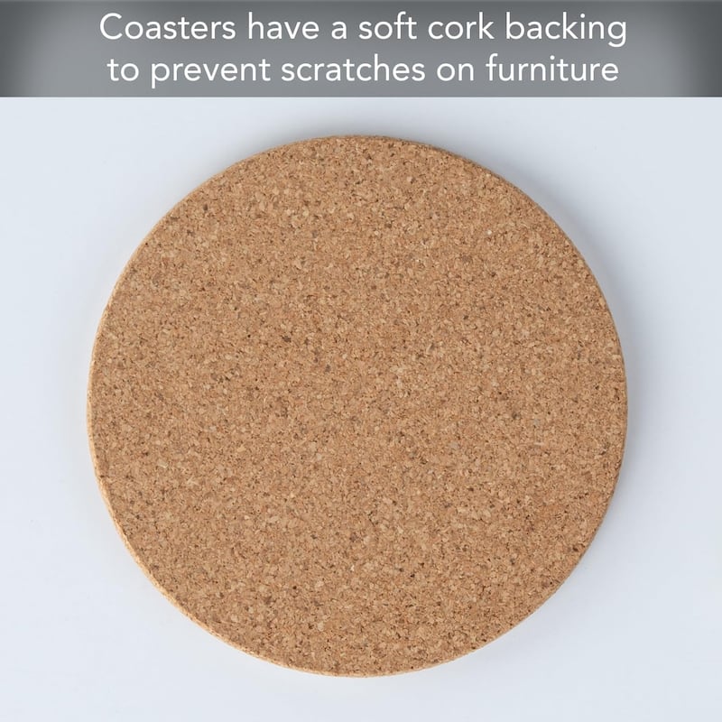 Set of 6 Thick Cork Coasters in Attractive Black Coaster Holder 4.7" Round Durable Absorbent Easily Wipes Clean