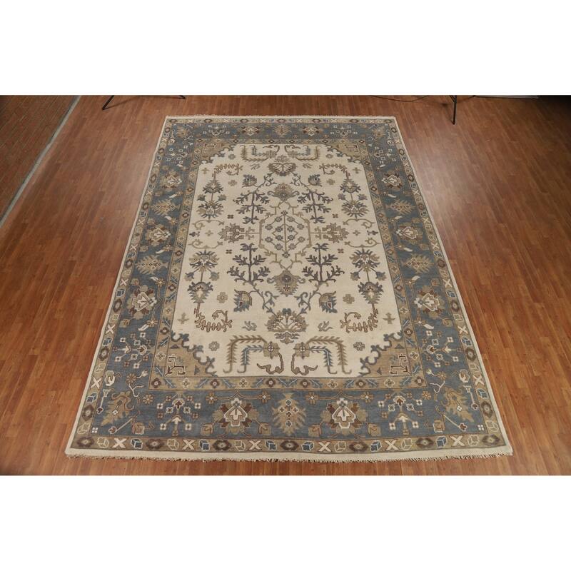 Ivory Oushak Indian Large Rug Hand-Knotted Wool Carpet - 10'0" x 14'1"