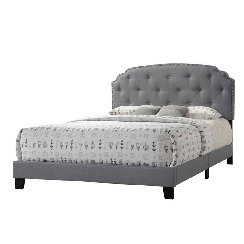 Grey Upholstered Queen Bed with Nailhead Trim and Arched Headboard