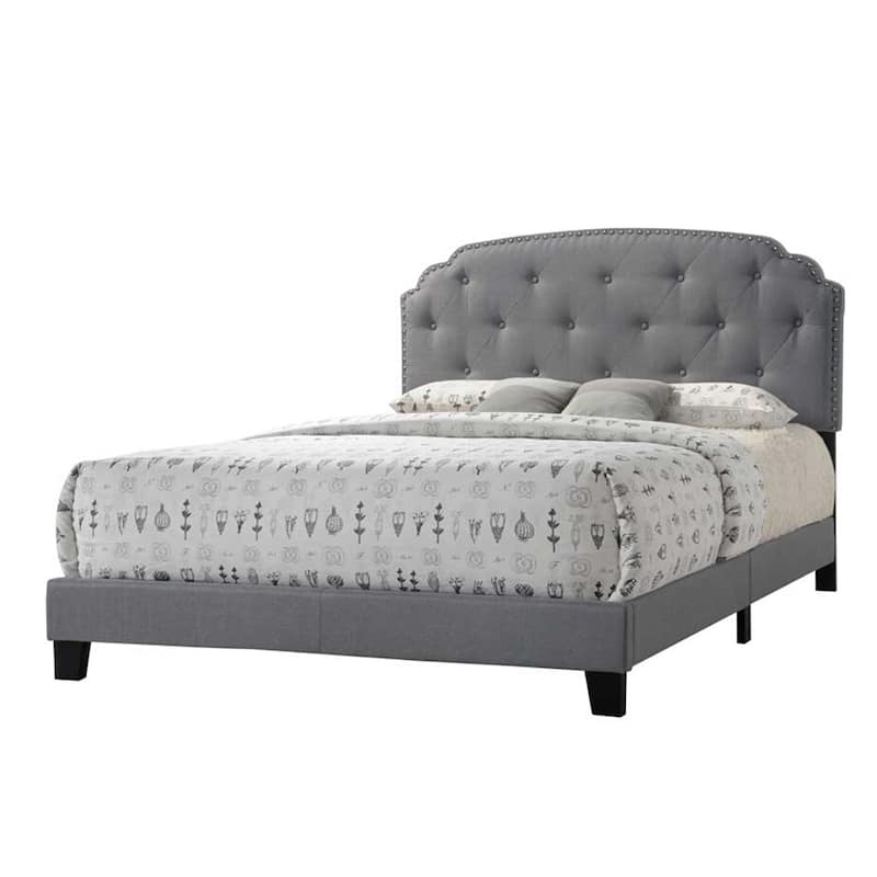 Queen Size Upholstered Panel Bed with Nailhead Trim and Arched Headboard