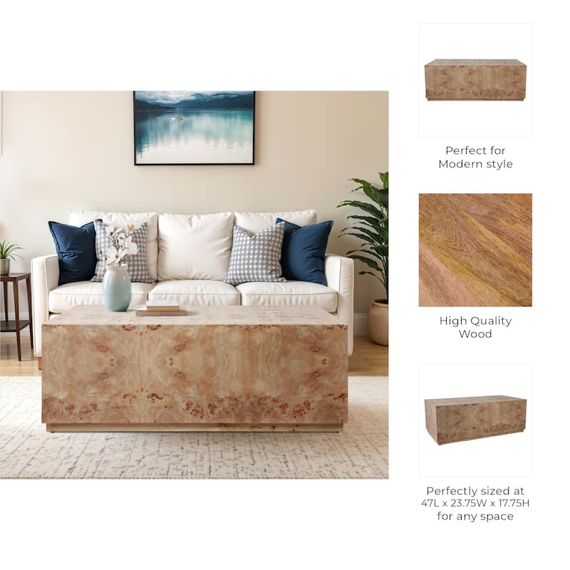 Wood Rectangular Coffee Table Modern Burl Grain Block Design - 18" Tan - 47" x 23.75" x 17.75"