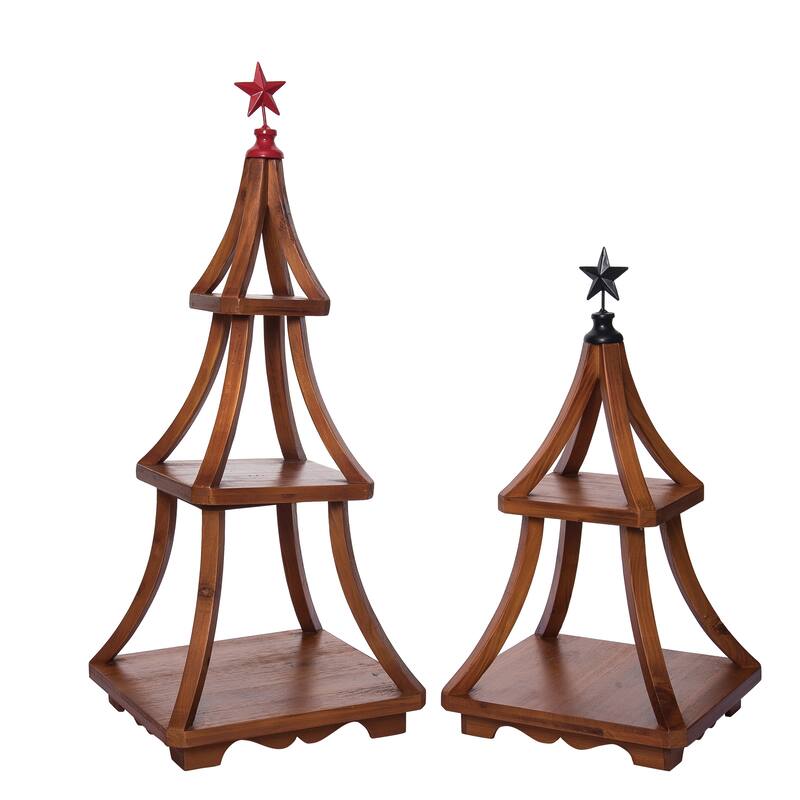Transpac Wood 27.75 in. Brown Christmas Tiered Tree Tray Set of 2