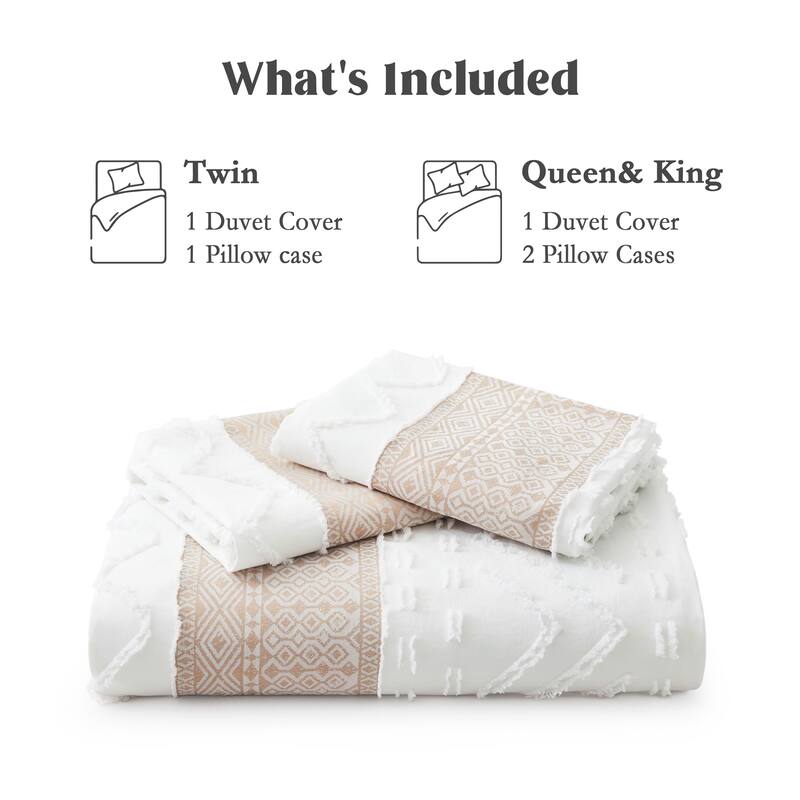 3-Piece Boho Textured Duvet Cover Set, Lightweight Geometric Stripe Bedding Set with Zipper Closure & Corner Ties