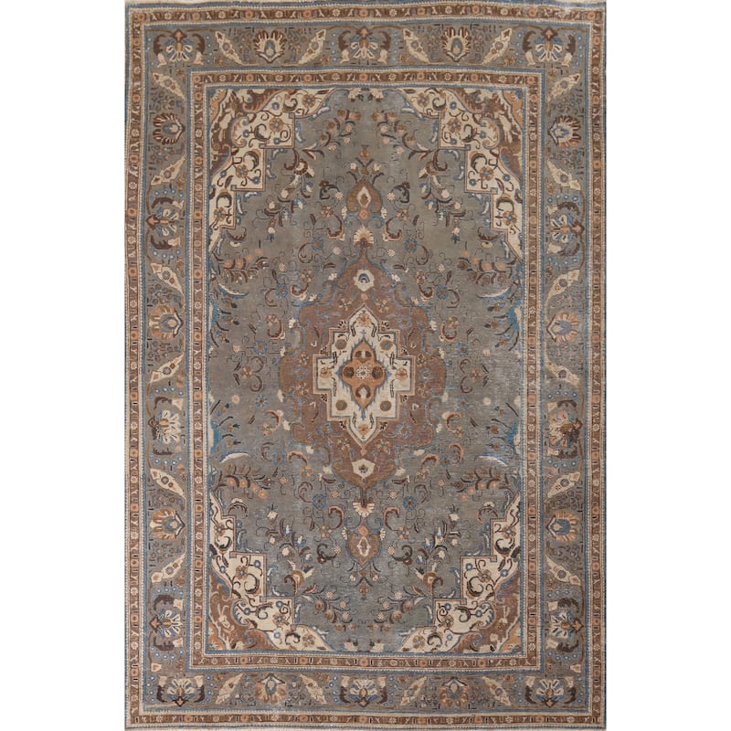 Gray Distressed Tabriz Vintage Persian Area Rug Handmade Wool Carpet - 7'7" x 11'2"