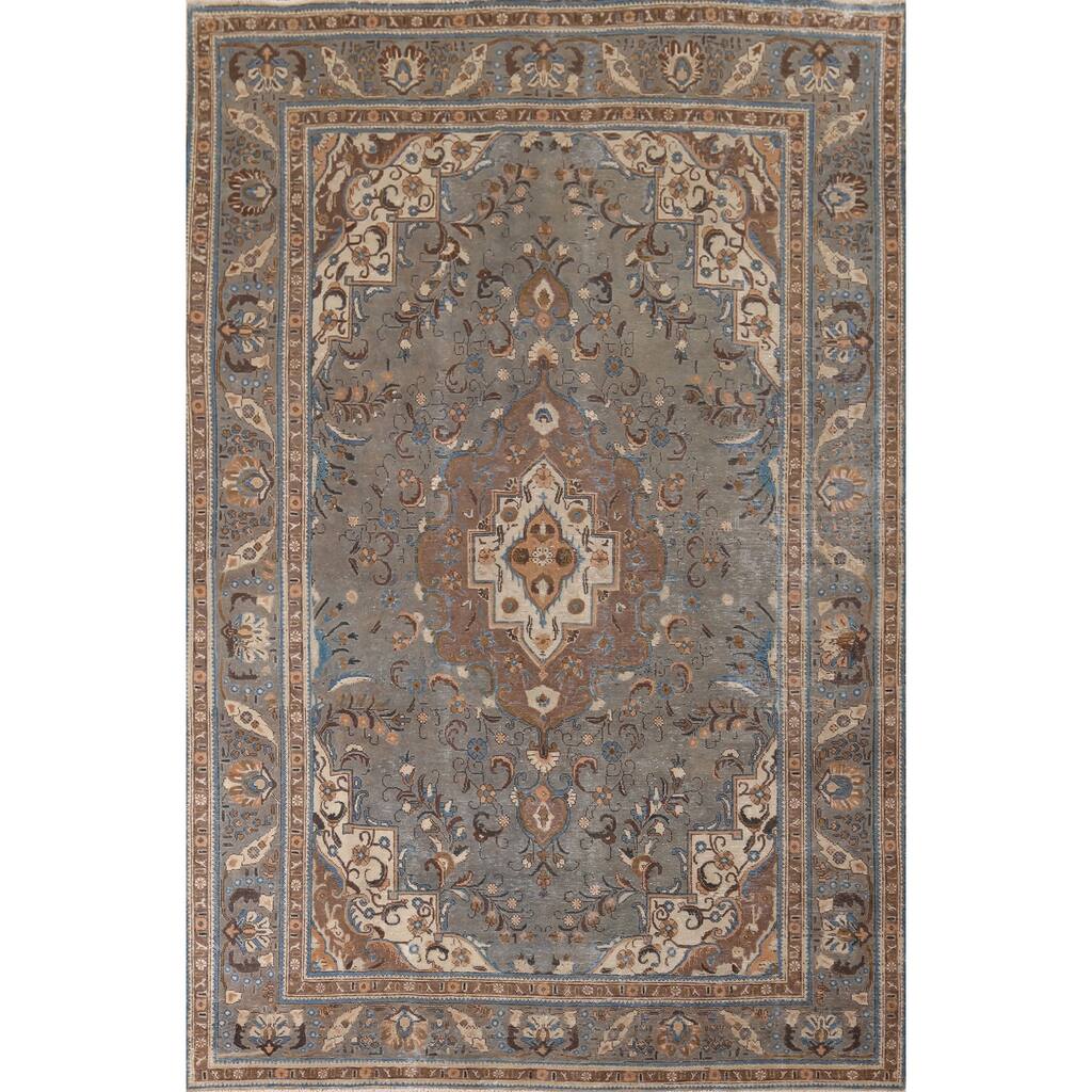 Gray Distressed Tabriz Vintage Persian Area Rug Handmade Wool Carpet - 7'7" x 11'2"