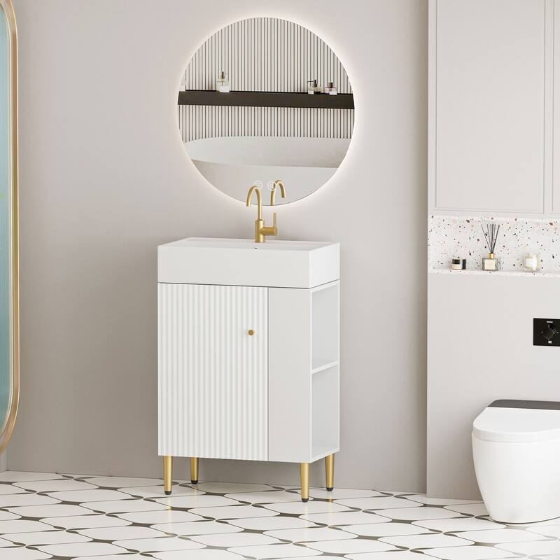 Compact White Bathroom Vanity with Ceramic Sink, Soft-Closing Cabinet, and Brushed Copper Accents for Small Spaces