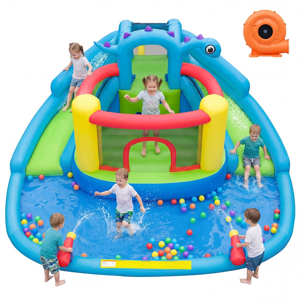 Gymax Inflatable Water Slide Park w/Double Slides Splash Pool 860W - Multi-colored
