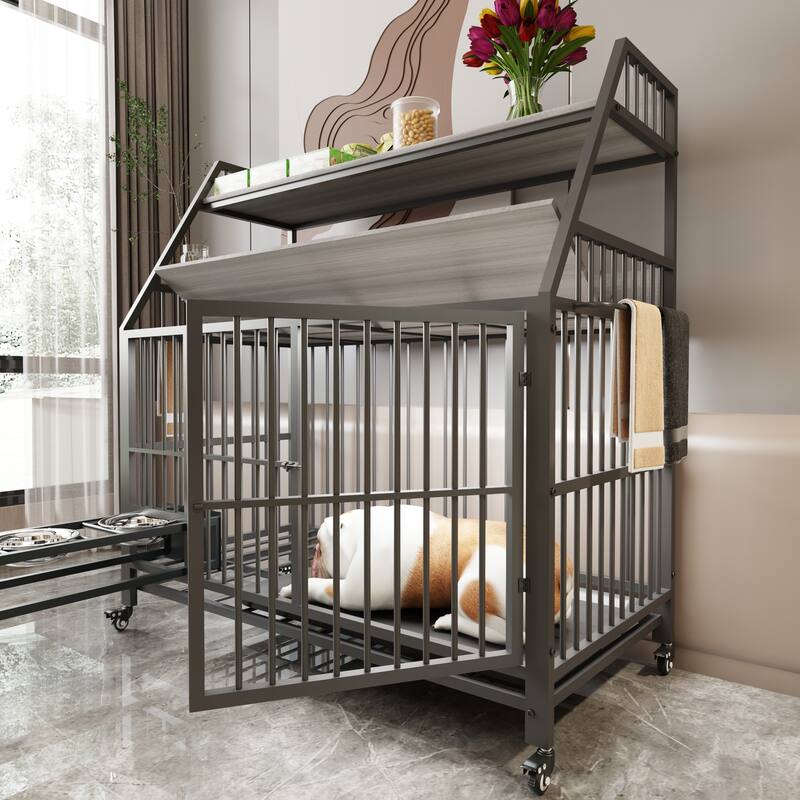 Large Pet Cage with Storage Rack, Drawers with Food and Water Basins, Double-Layer Storage Rack, Iron Frame and MDF Material