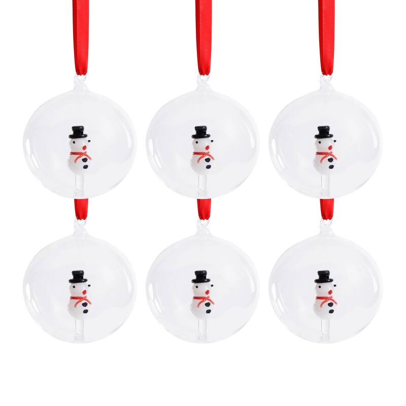 Clear Glass Ball Ornaments with Holiday Snowman Motif, Set of 6, 4"