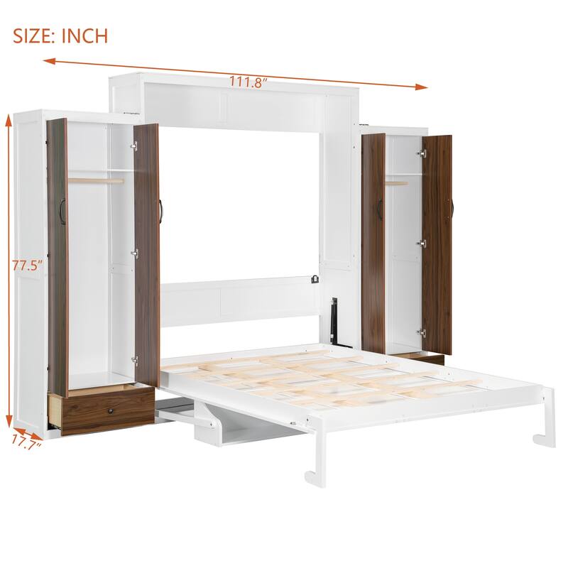 Full/Queen Murphy Wall Bed with Wardrobes, Drawers & Desk, Foldable White Bed with Storage and LED Light