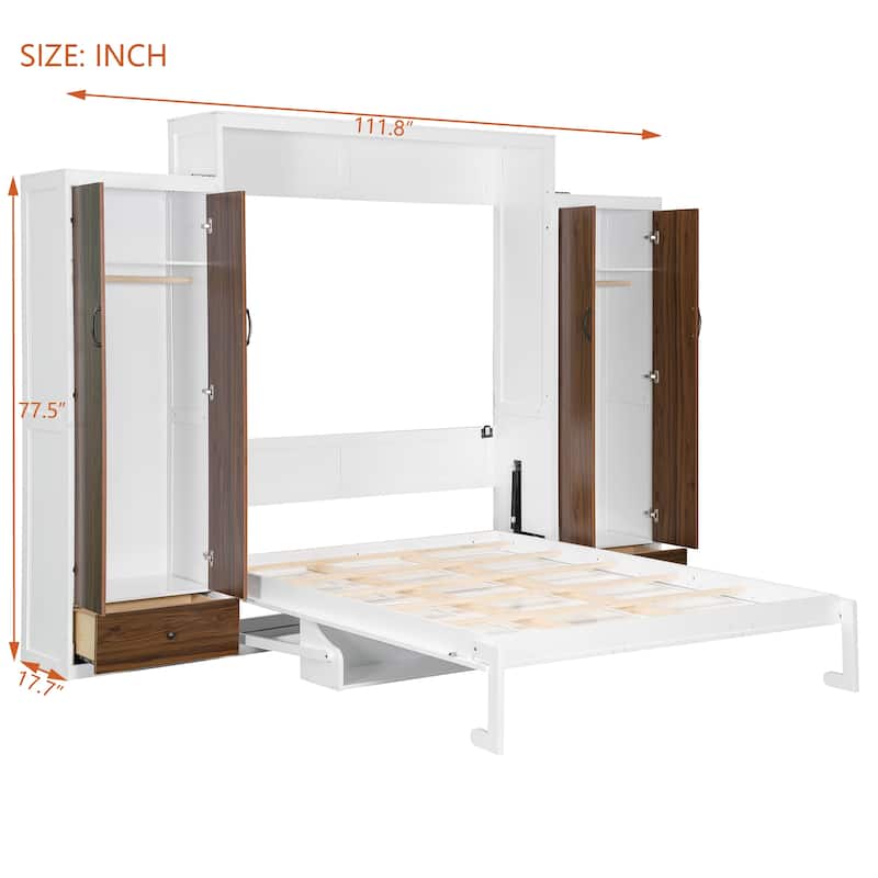 Roomfitters Full/Queen Size Murphy Bed with Closet, Table and Concealed Storage Compartments, Foldable Wall Frame